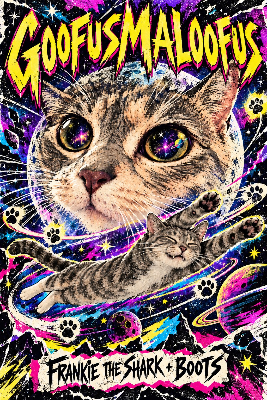 Cosmic illustrated poster of Boots's enormous galaxy-eyed face and Frankie flying through space